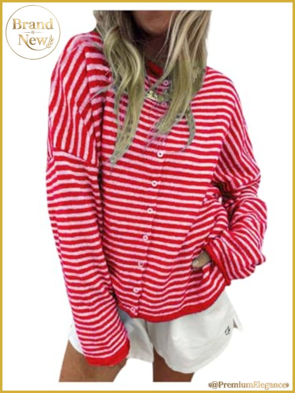 Striped Button Down Long Sleeve Cardigan Sweater with Rib Knit Loose Fit